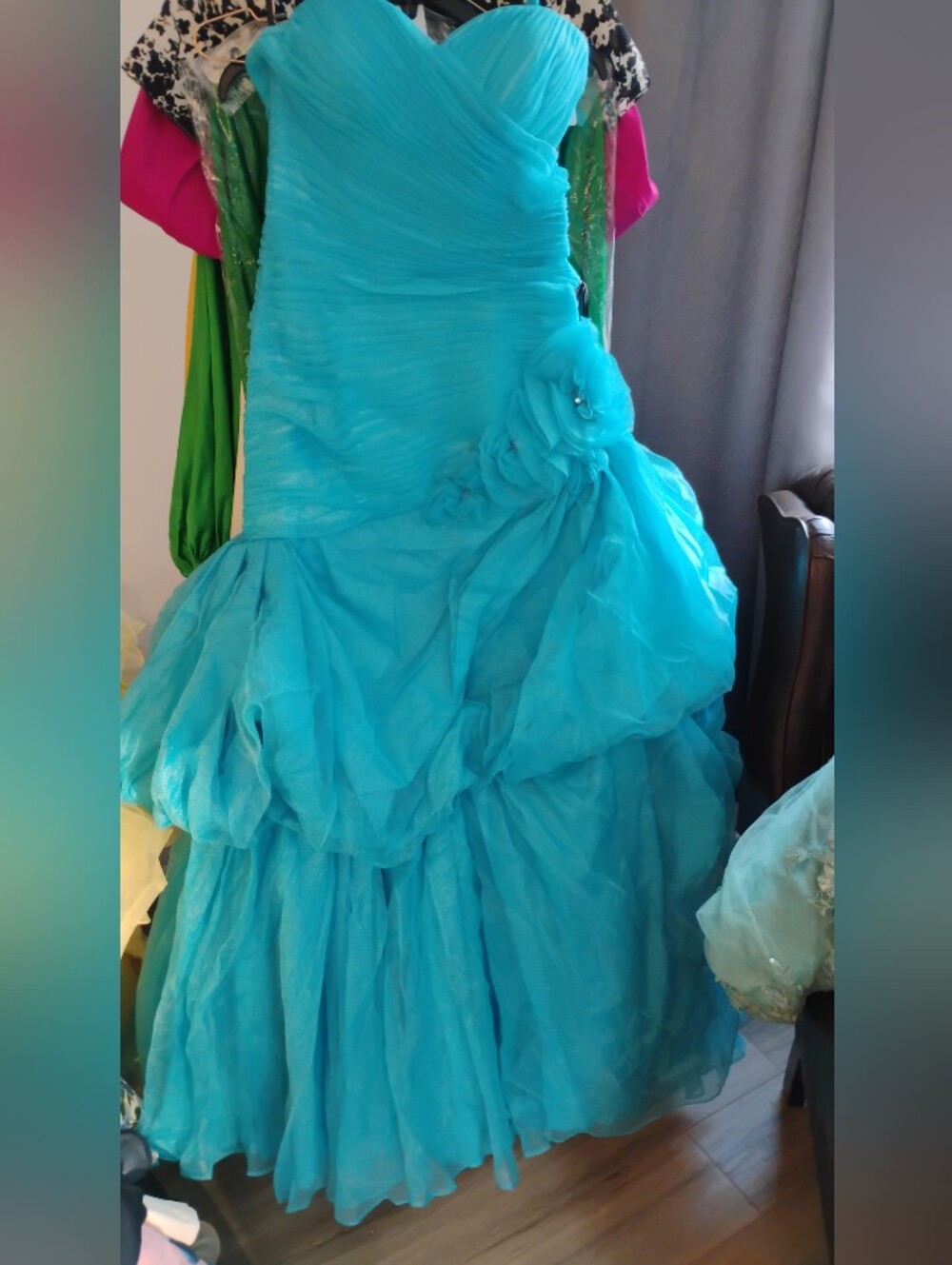 Girls' Turquoise Ruffled Party Dress with Floral Accent